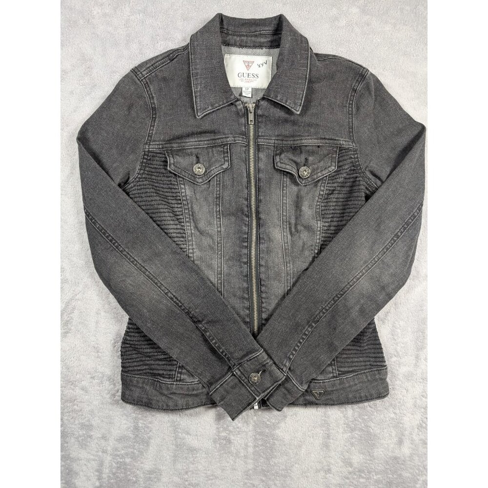 Guess Denim Jacket Womens Size S Charcoal Gray Grunge Biker Moto Distressed